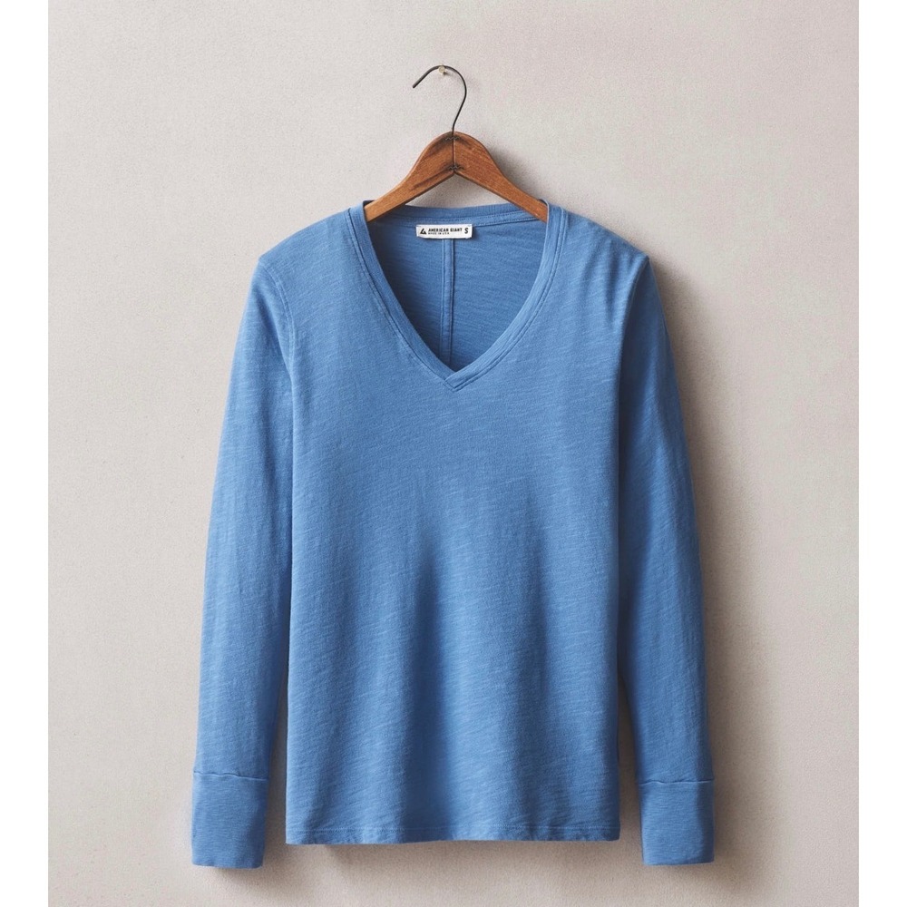 NWOT American Giant Womens Premium Slub Long Sleeve V-Neck T-Shirt Top L Blue